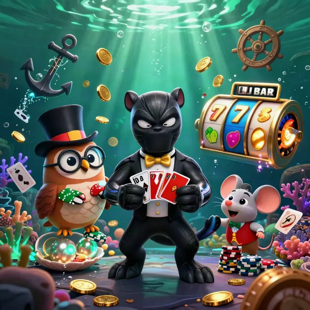 Pantera, coruja e rato em tesouro subaquático com moedas, cartas, corais e brilho neon.