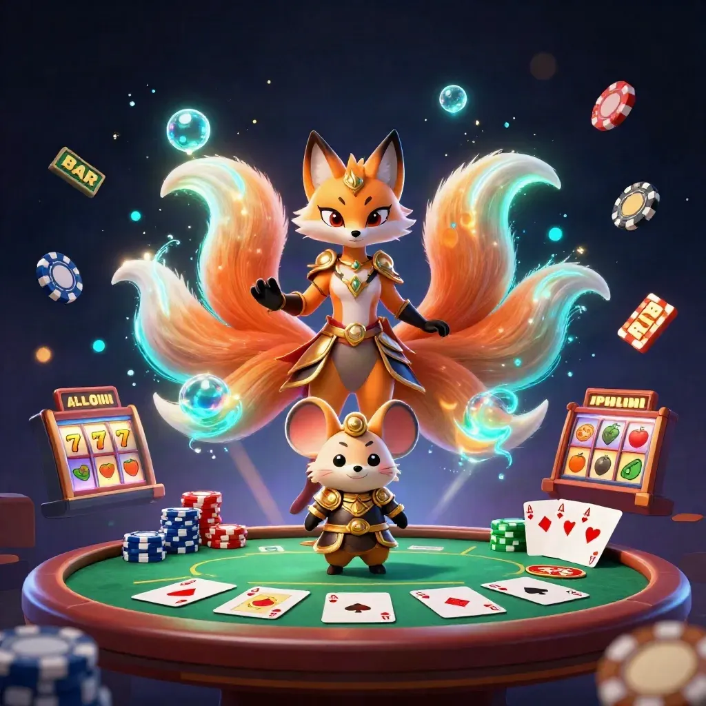 Raposa de nove caudas e rato samurai cercados por cartas, fichas e magia azul e dourada
