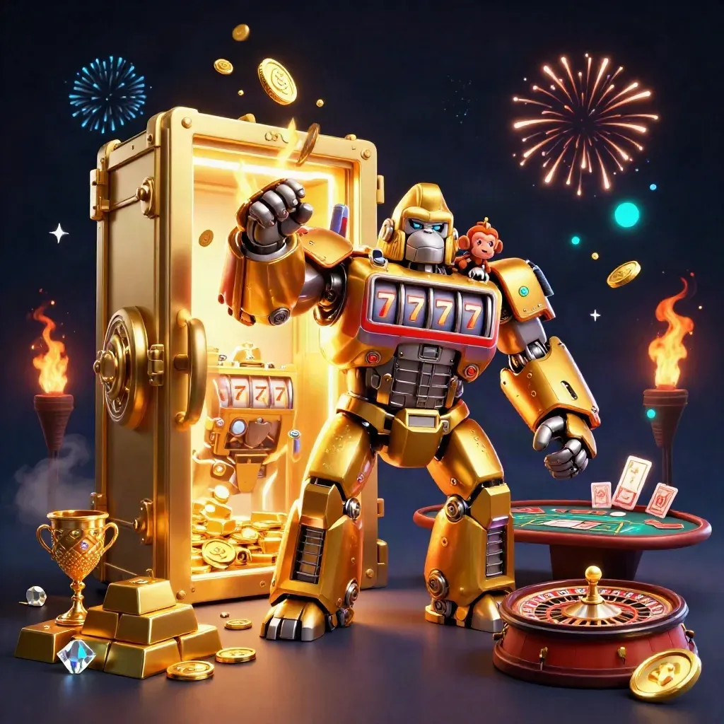 Macaco robô dourado e cofre explodindo com moedas, gemas e luz neon.