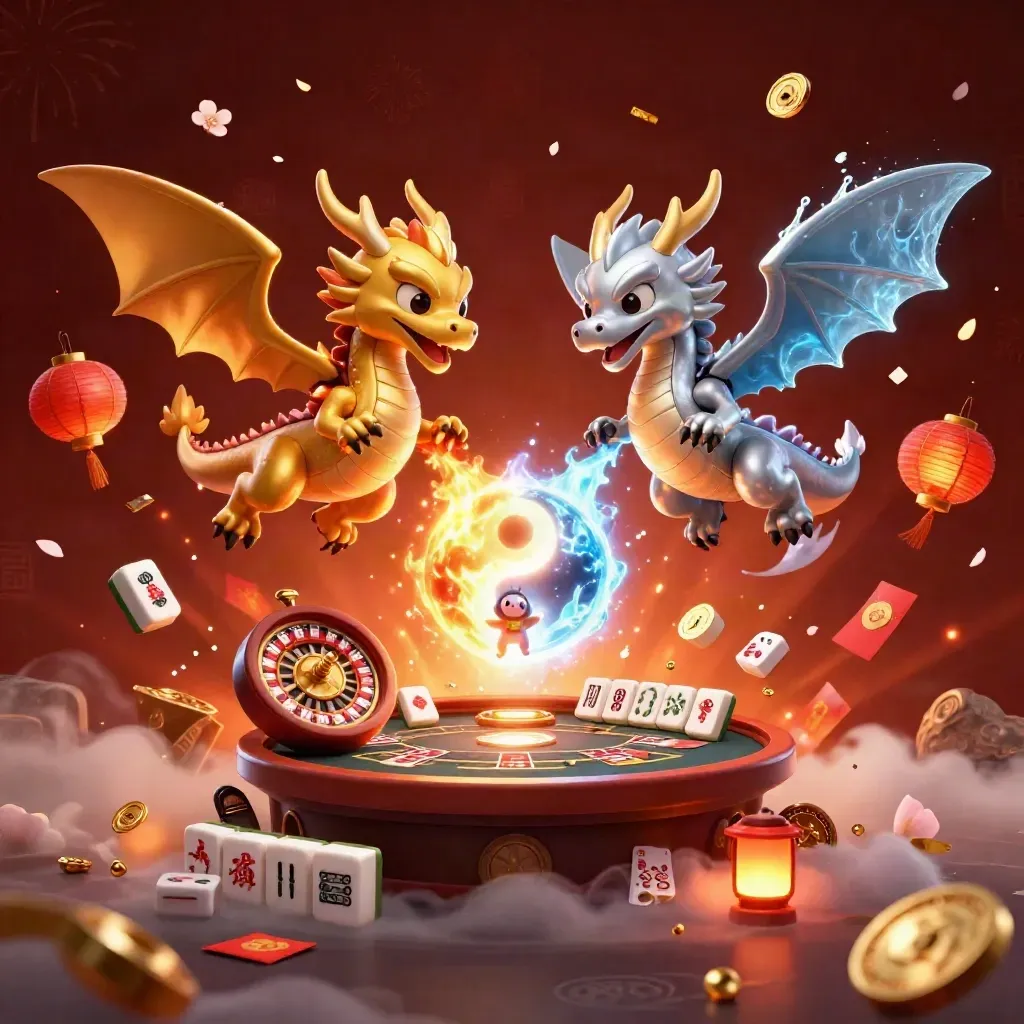 Dois dragões 3D, ouro e prata, voam com cofre explodindo, moedas, fogos e luzes premium.