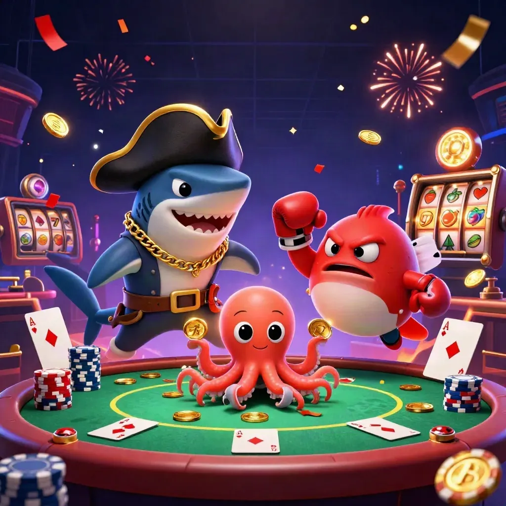 Tubarão pirata, baiacu boxeador e polvo bebê em mesa de pôquer com luzes neon.