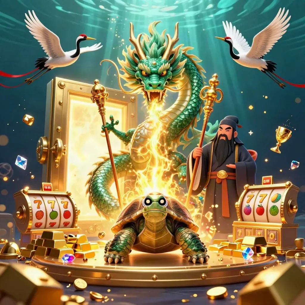 Dragão de jade com tartaruga sábia e garças, cercados por tesouro dourado.