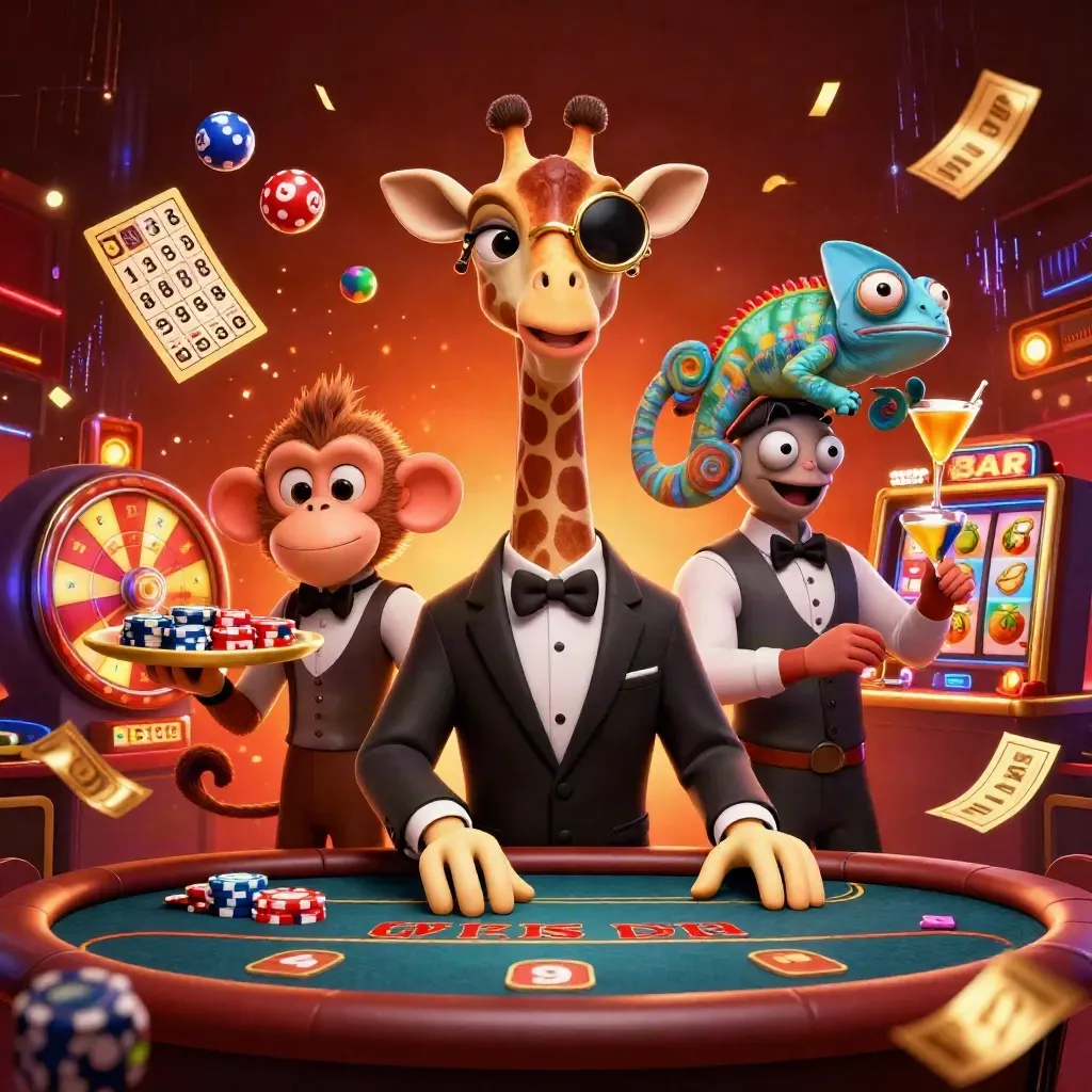 Girafa, macaco e camaleão em mesa VIP com fichas, roleta, bolas e luzes douradas.