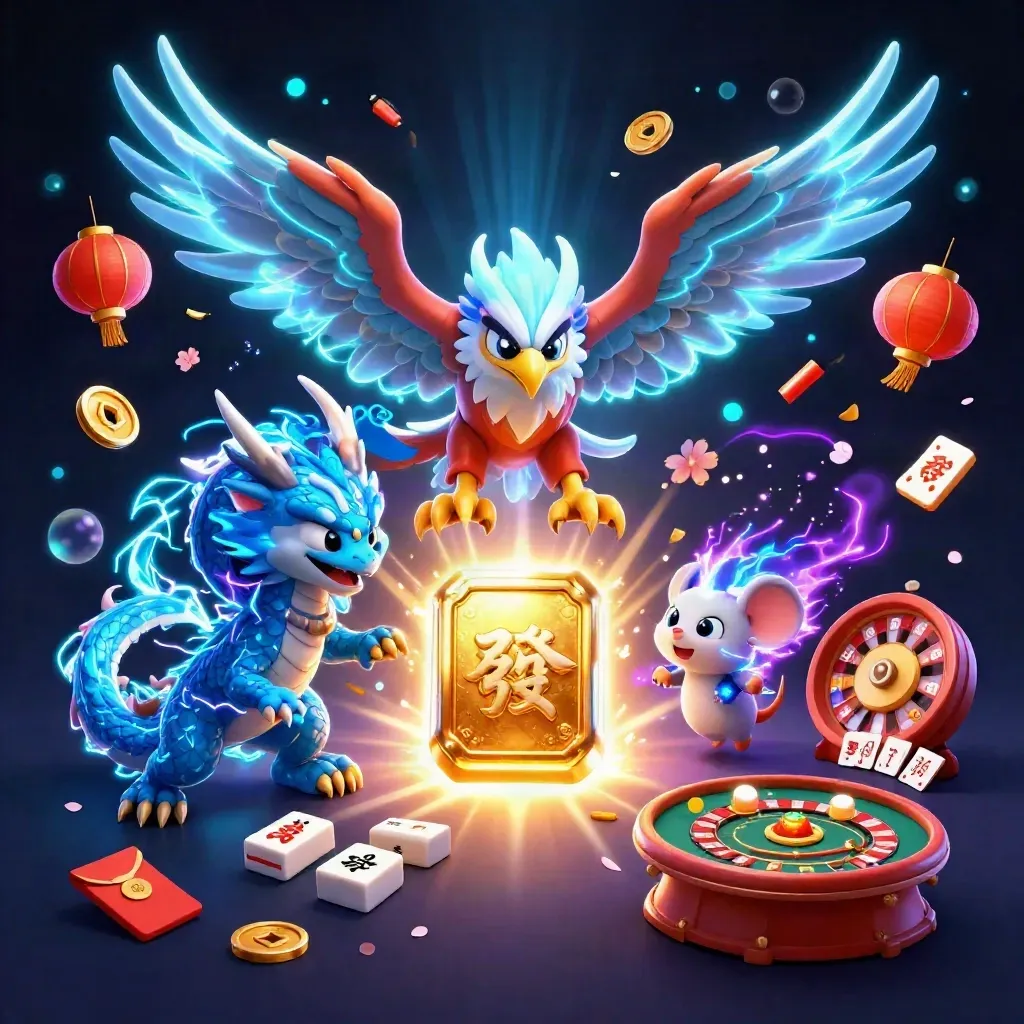 Dragão, falcão e rato elétricos cercam um prêmio dourado com cartas, roleta e brilho neon.