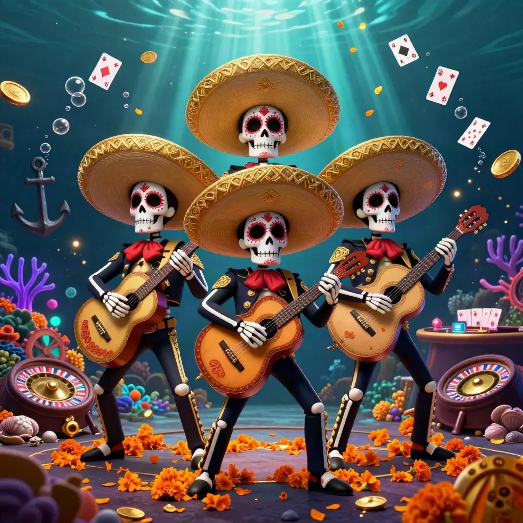 Trio de esqueletos mariachi em cenário subaquático com ouro, cartas e brilho neon.