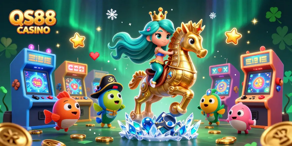 Experience excitement at QS88 CASINO with a dynamic scene featuring a mermaid and seahorse amid casino elements.
