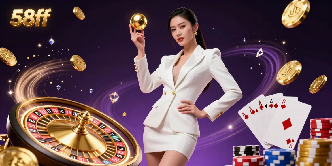 Experience the excitement at 58ff, featuring a stunning casino scene with a powerful player holding a roulette ball.