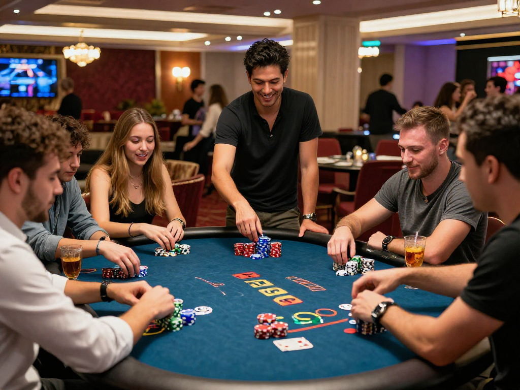 Exciting poker game with friends at vin88 casino, vibrant atmosphere and camaraderie.