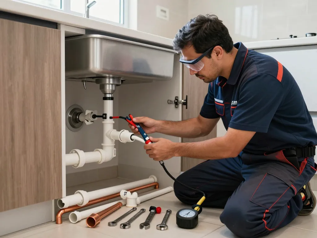 Experienced plumber in São Paulo working on modern kitchen plumbing with PEX, PVC, and copper pipes.