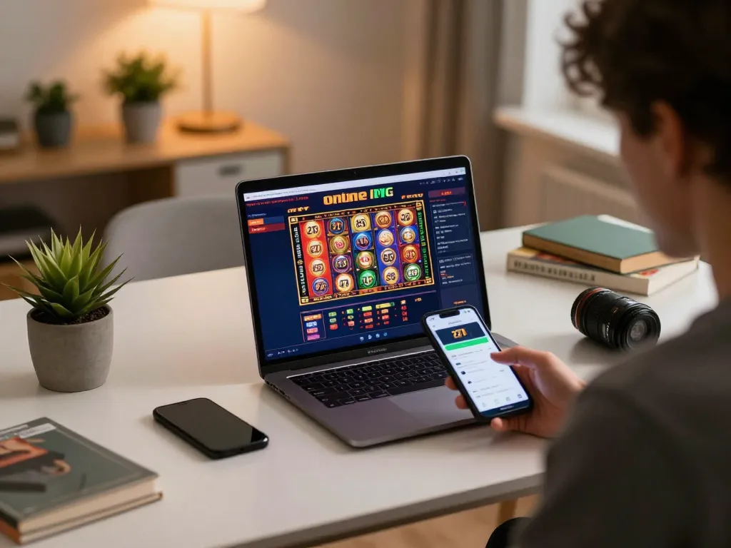 Engaging online gaming session with a 27G interface on laptop and smartphone, showcasing home entertainment.