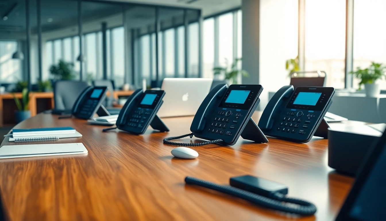 Showcase a sleek business phone setup enhancing workplace efficiency in a modern office.