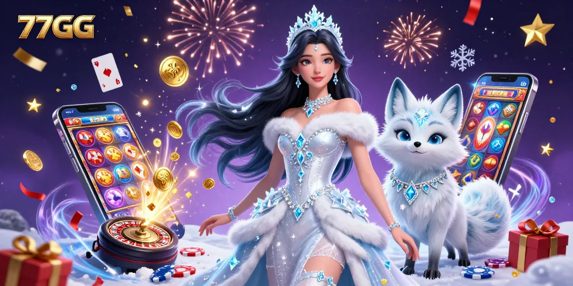 Experience thrilling wins with 77GG in this vibrant 3D casino illustration filled with excitement and rewards.