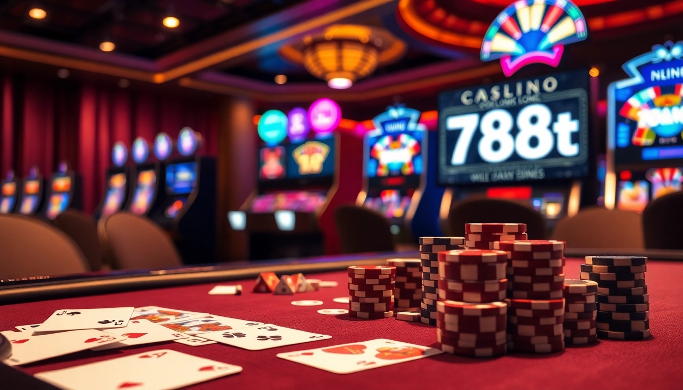 Experience thrilling gameplay at the 788t online casino with vibrant poker chips and glowing slot machines.