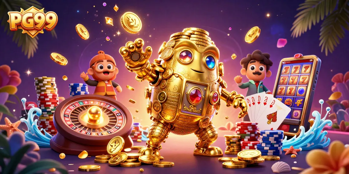 Experience thrilling gameplay at PG99 with our vibrant 3D casino adventure illustration, showcasing slot machines and colorful chips.