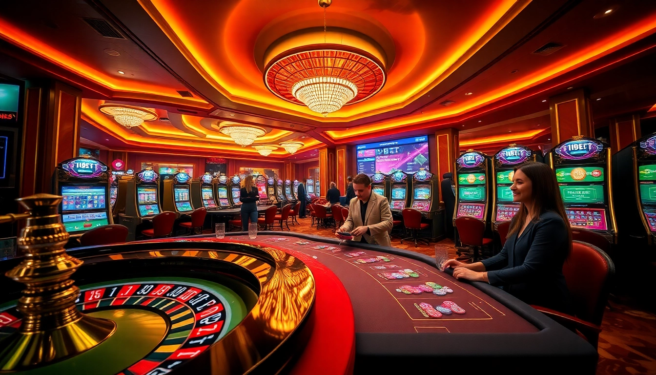 I9BET casino gaming area with vibrant roulette wheel and poker table, showcasing player engagement.