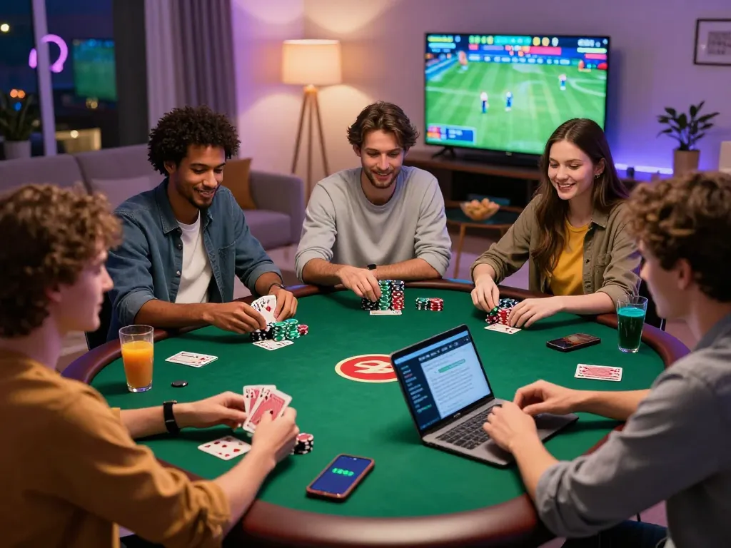 Friends playing online poker and sports on 12bet, enjoying a lively game night.