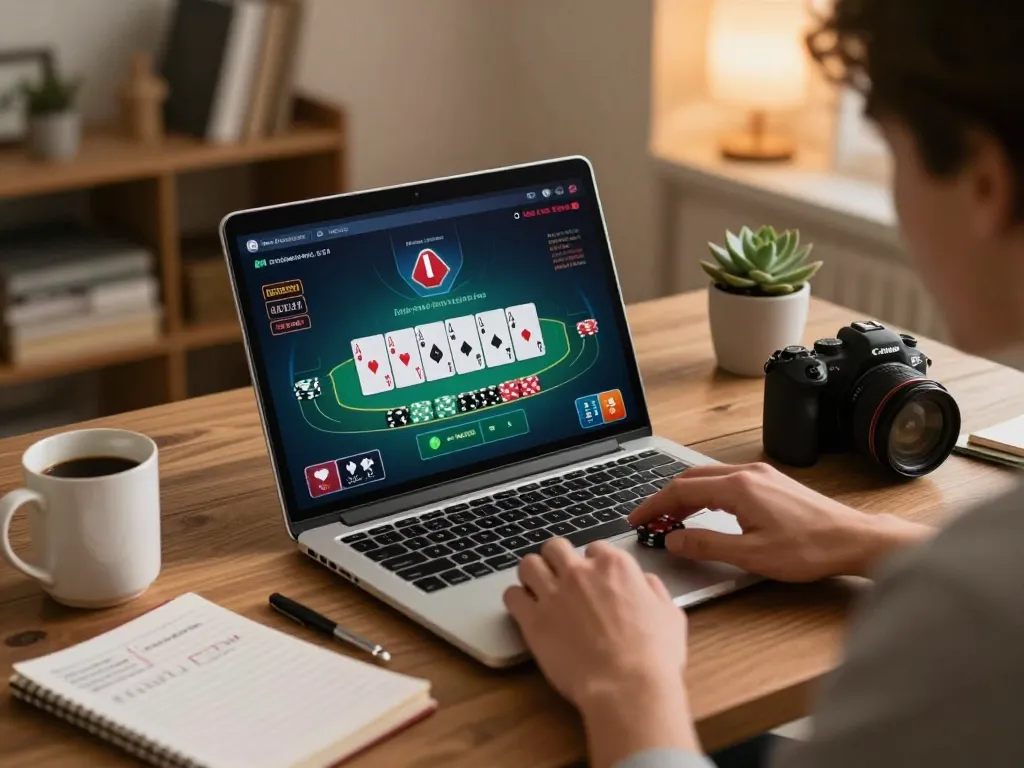 Engaging in an online game at 45678 nhà cái with laptop and cards visible.
