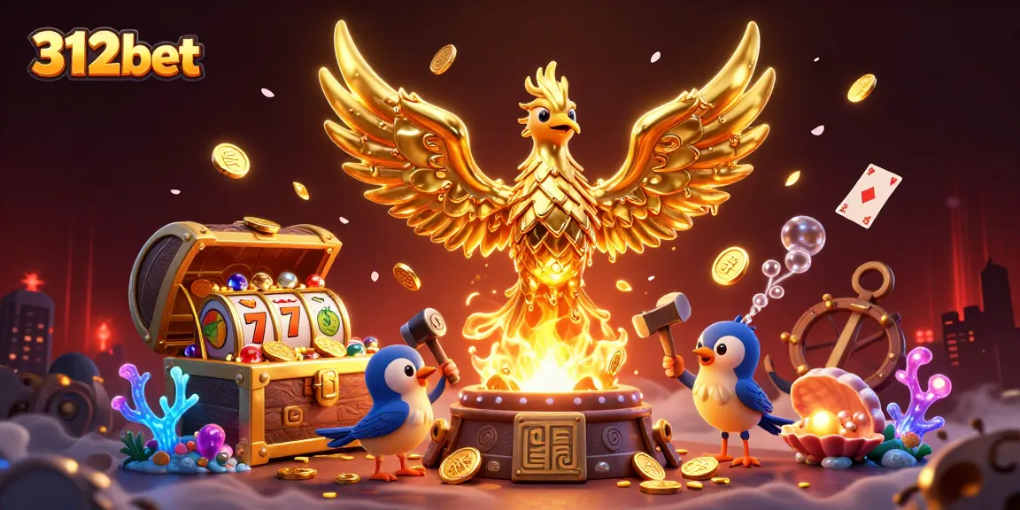Experience the magic of 312bet with a golden phoenix emerging, surrounded by vibrant slot reels and treasures.