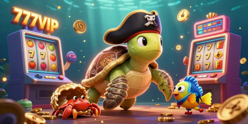 Engage with 777VIP casino adventures in a vibrant underwater scene filled with colorful slot machines and treasure.