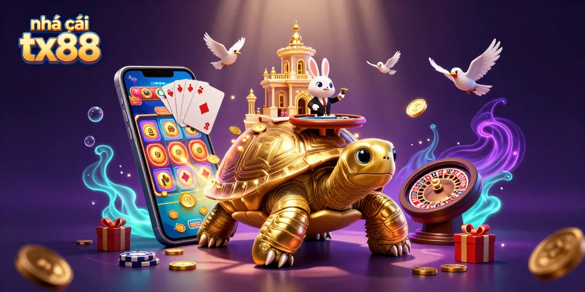 nhà cái tx88 showcases a vibrant casino scene with golden tortoise and playful rabbit dealer.