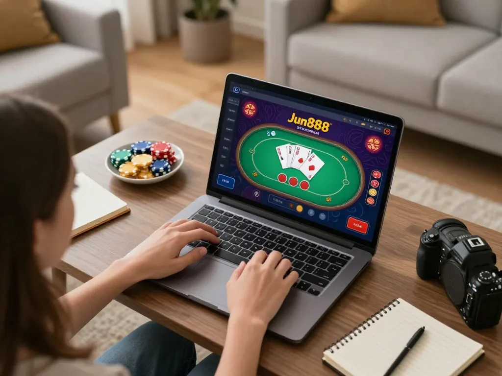 Engaging in strategic gameplay on the Jun888 casino app during a cozy home session.