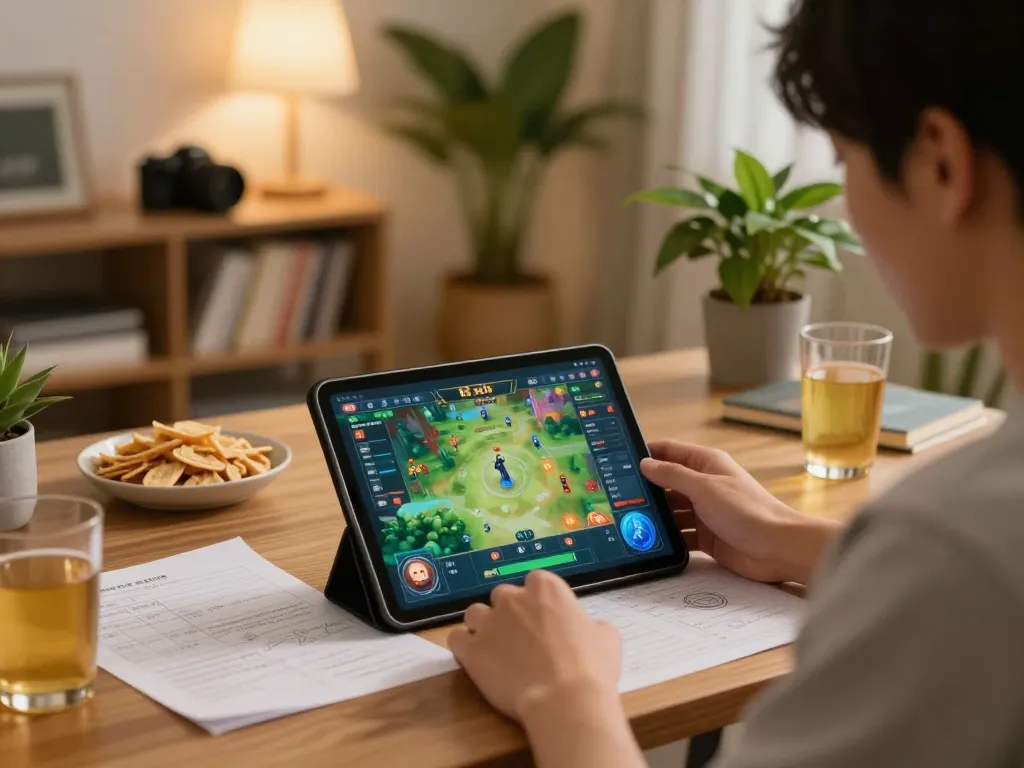 Engaging in game tài xỉu on a tablet in cozy home setup, highlighting focus and strategy.