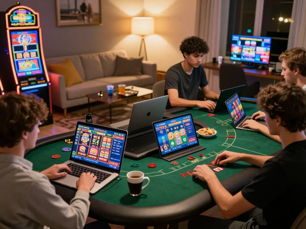 Players enjoying their online casino experience on laptops featuring the 75W platform, surrounded by a cozy home environment.