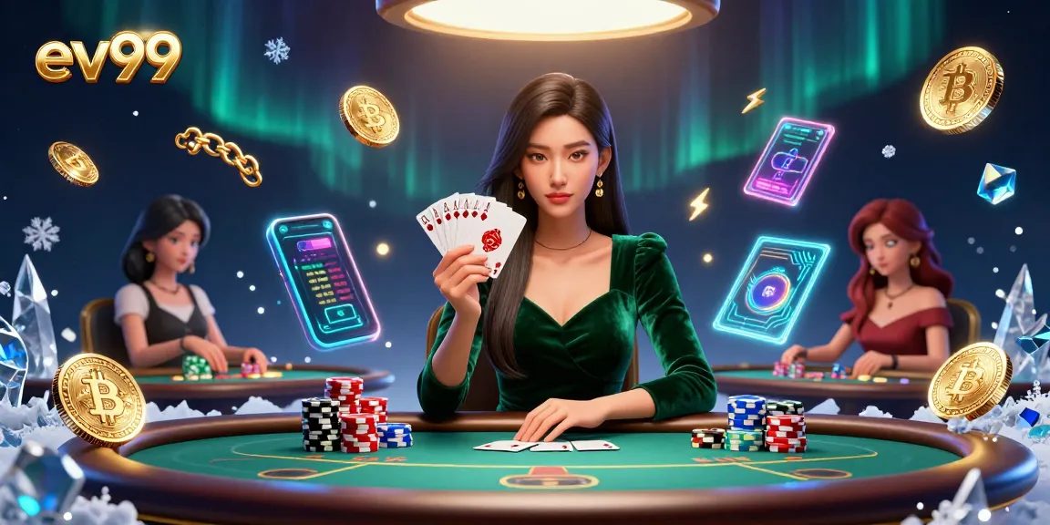 Engage with ev99's captivating poker scene featuring a focused player amidst glowing crypto elements.