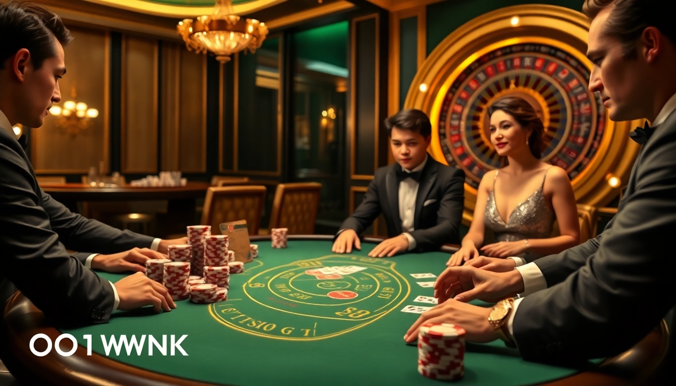 Blackjack de apostas altas no cassino 001WIN, com jogadores elegantes e uma atmosfera glamourosa.