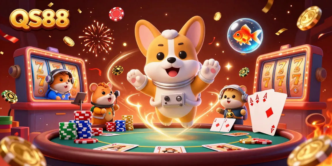 Engage in thrilling games at QS88 with a vibrant 3D scene featuring animated characters in a casino setting.