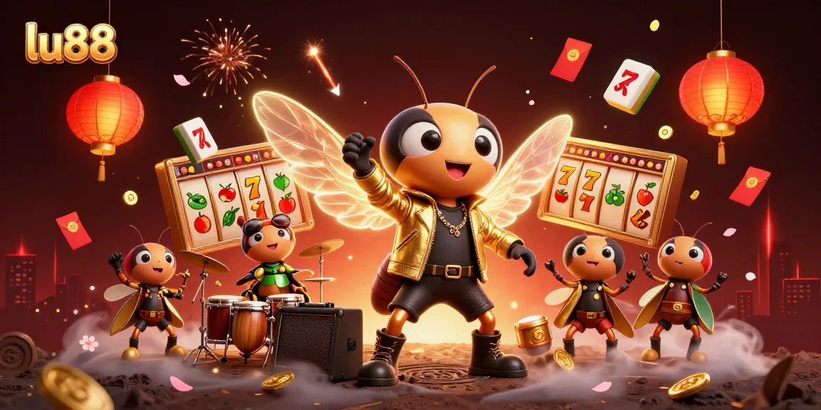 lu88 casino scene featuring a cicada rock star, beetle drummer, and exciting game elements.