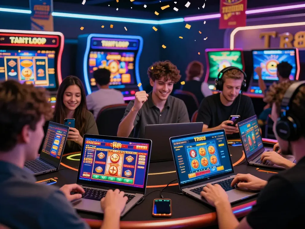 Players experiencing TR88's exciting online gaming features on multiple devices in a lively atmosphere.