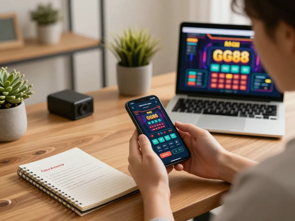 Engaging with the nhà cái GG88 app on smartphone, player strategizing in a cozy home environment
