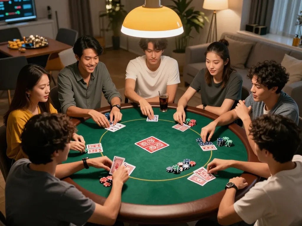 Friends enjoying poker at home, exploring action on trang chủ lc88 for betting success.