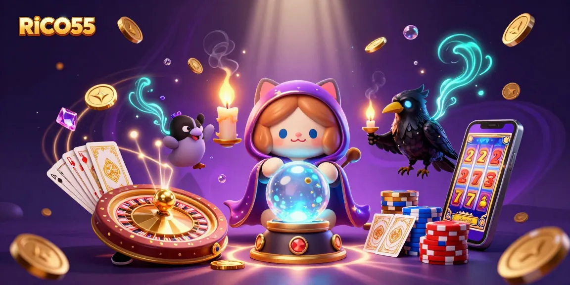 Experience thrilling gameplay with RICO55 in an artistic 3D illustration featuring fortune teller mystic cat and tarot raven.