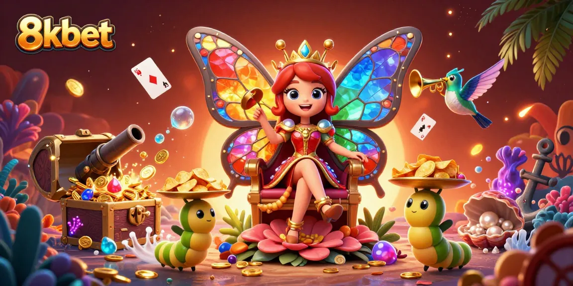 Engage with 8kbet in a vibrant casino fantasy world featuring a butterfly queen and gold treasures.