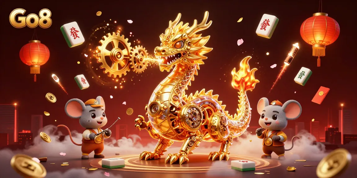 Experience excitement with Go8, highlighted by a biomechanical dragon amidst casino elements.