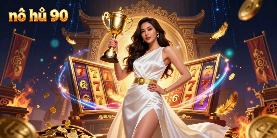 Win big at nổ hũ 90 with a stunning Asian woman celebrating in an electrifying casino scene.