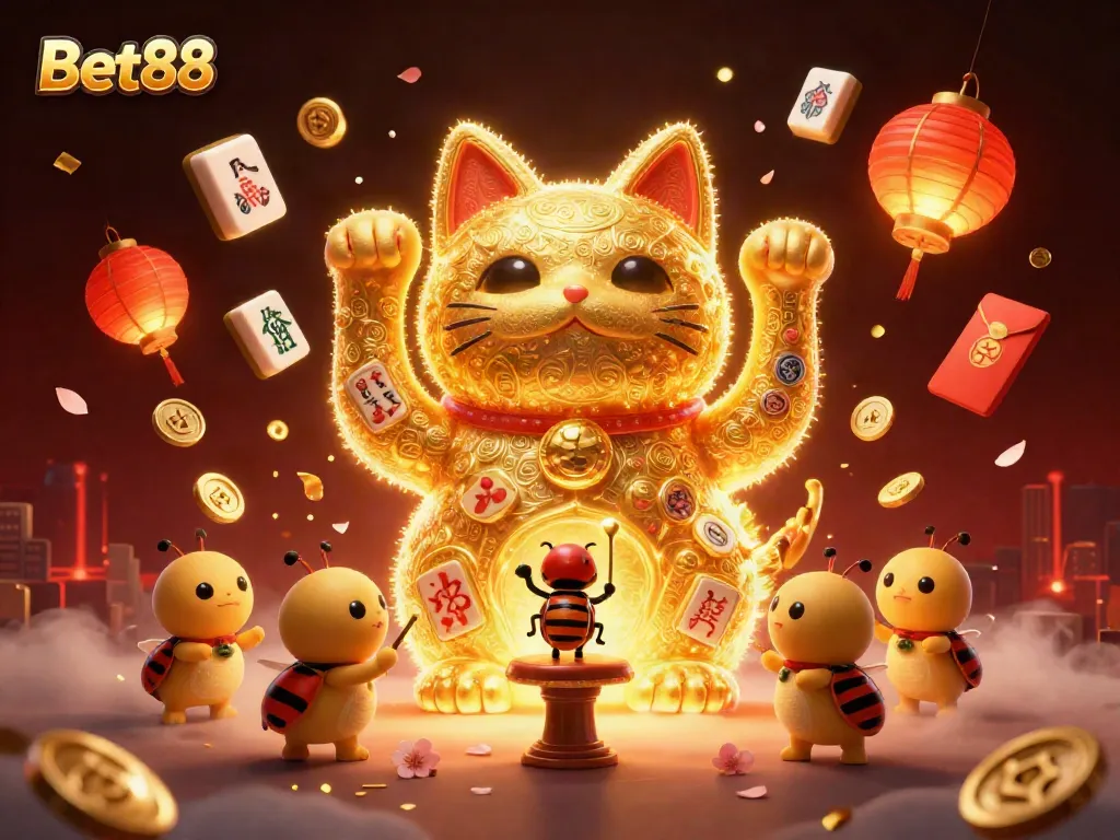 Experience excitement with Bet88’s enchanting lucky cat and casino symbols in a vibrant illustration.