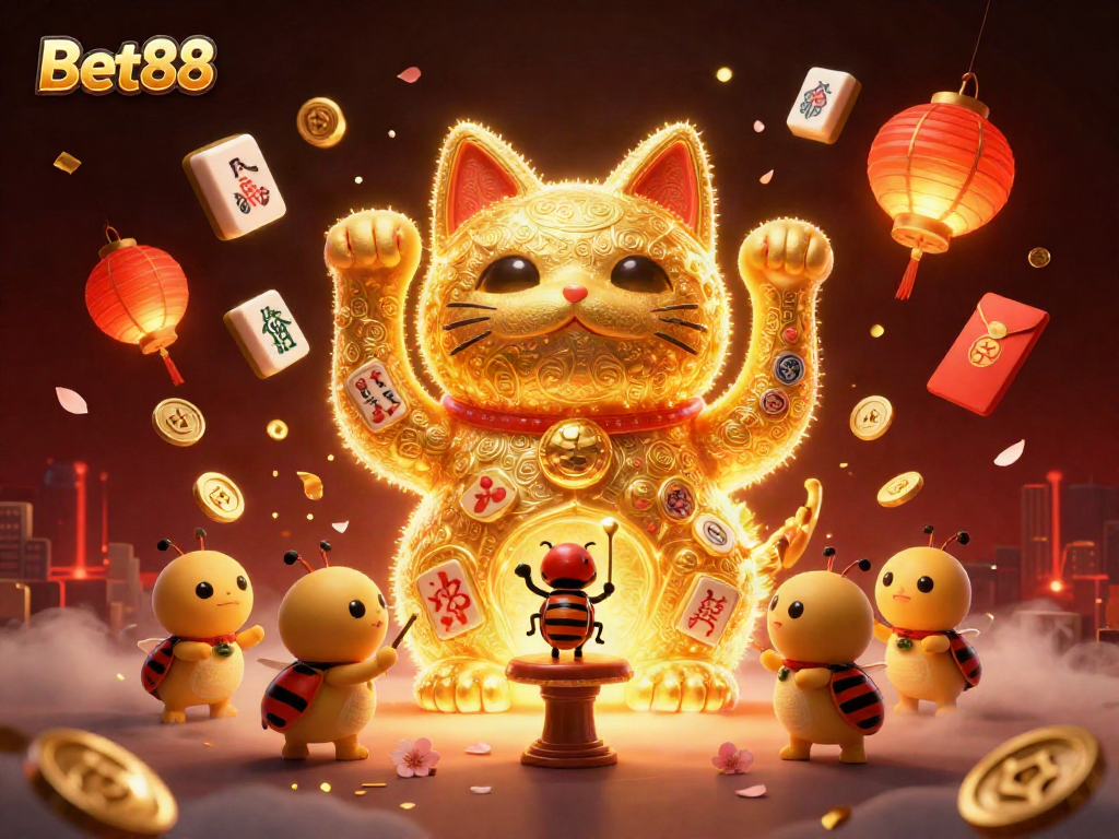 Experience excitement with Bet88’s enchanting lucky cat and casino symbols in a vibrant illustration.