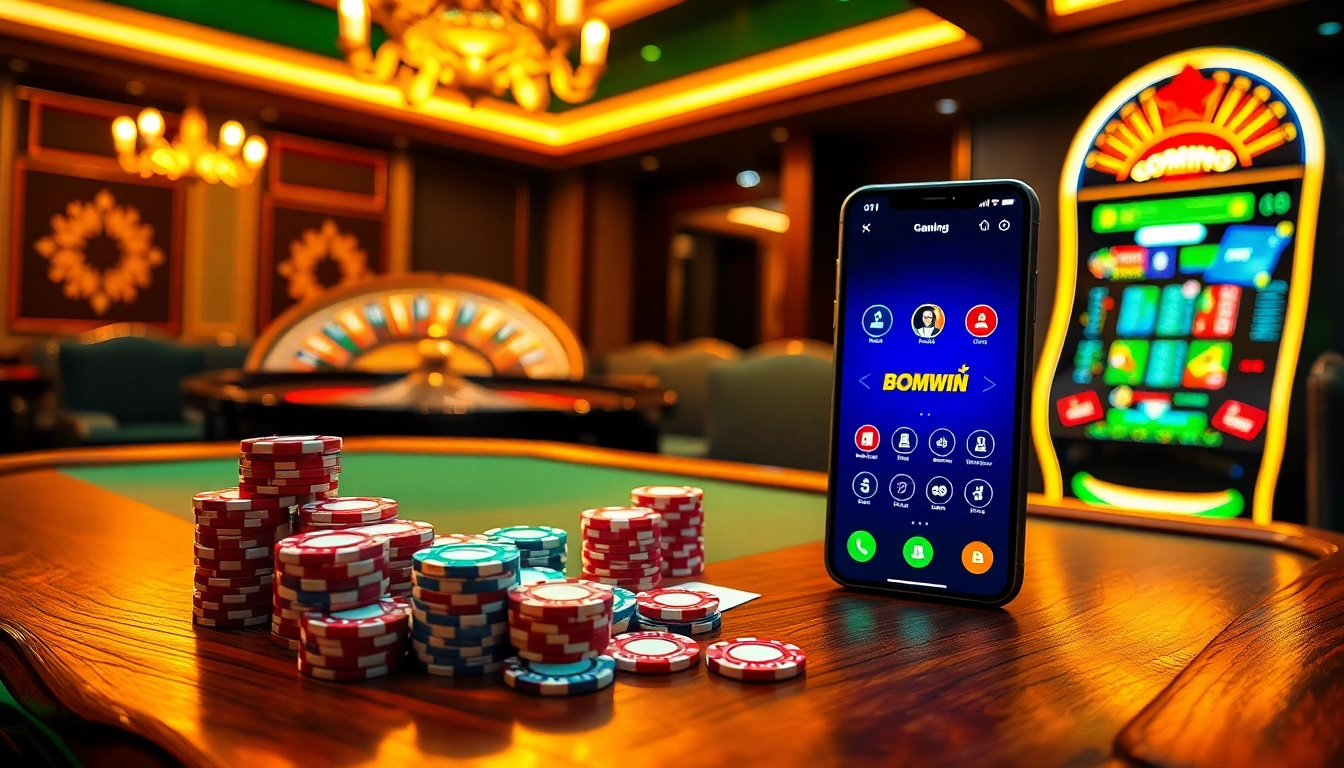 Tải Bomwin app showcased on a smartphone amidst a luxurious casino setup with poker chips and roulette wheel.