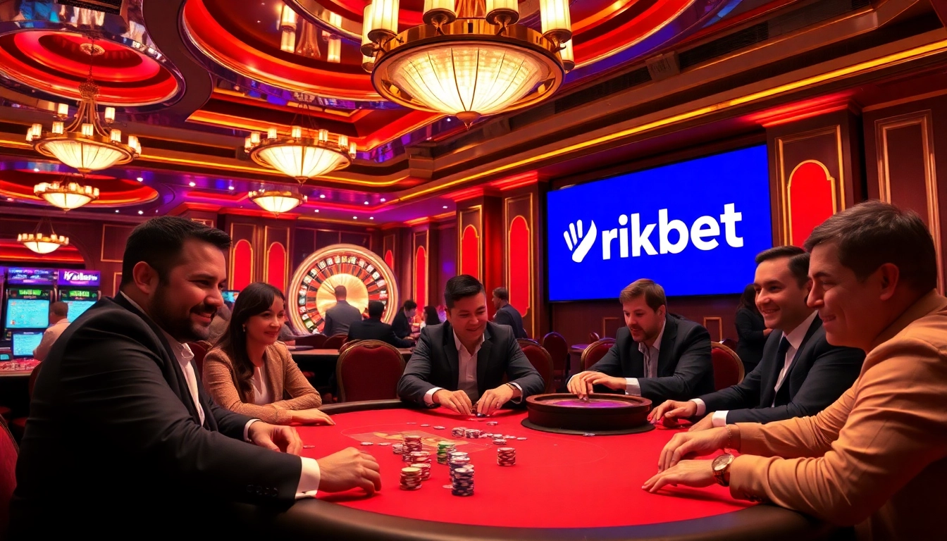 Players engage in an exciting poker game at a luxurious casino table promoting rikbet.