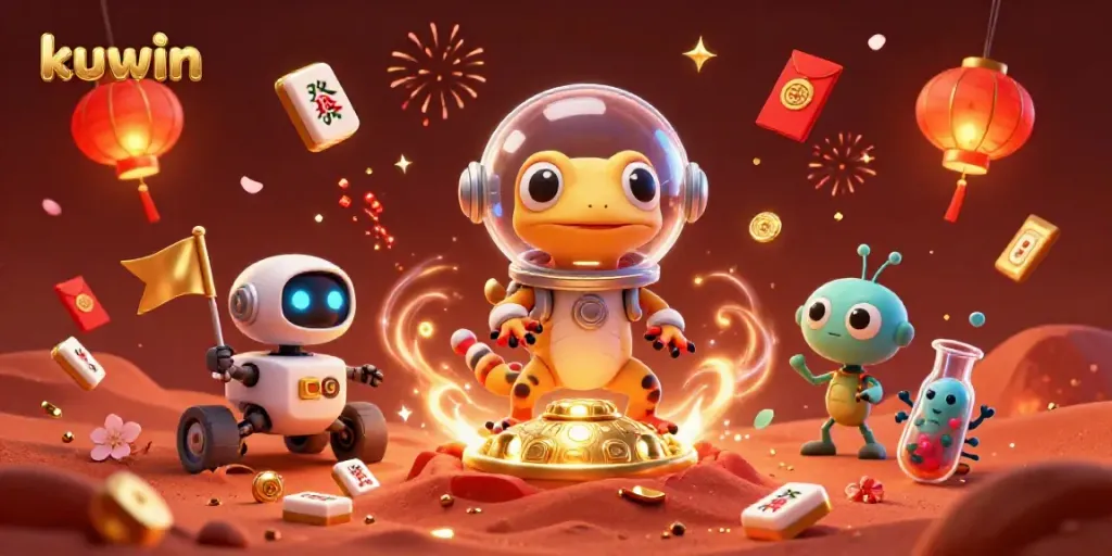 Kuwin showcases a Martian gecko discovering a golden casino with floating game elements in an exciting alien celebration.