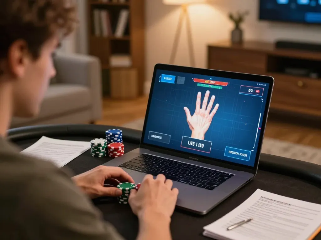 FIVE88 online poker player engaged in strategic gameplay at home