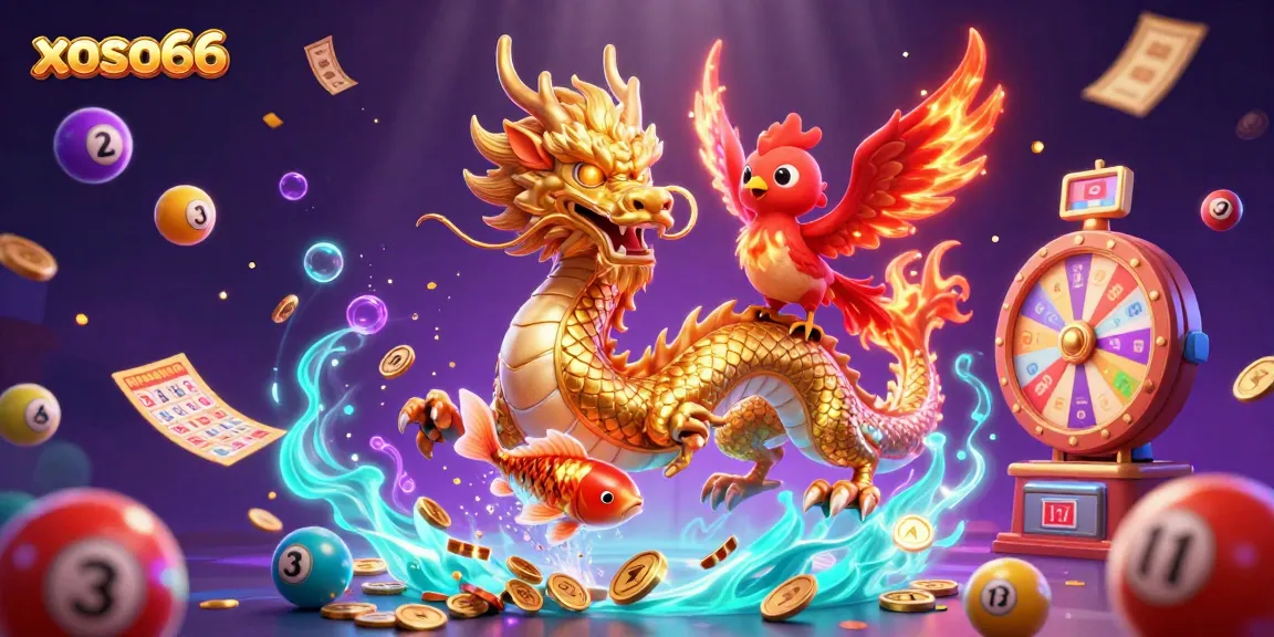 Experience the thrill of gambling at xoso66 with vibrant lottery elements and a dynamic dragon scene.
