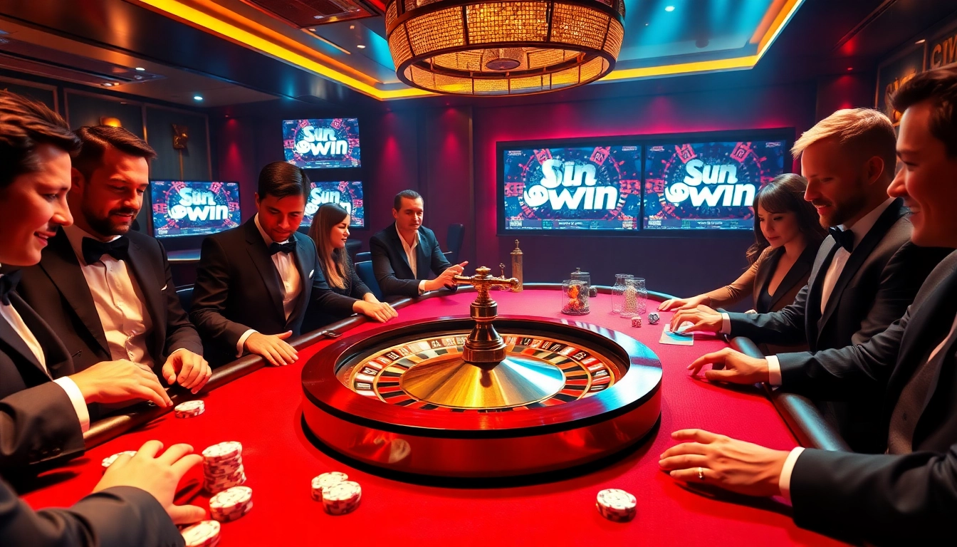 Experience the excitement of sun win at a luxurious casino table with gamblers enjoying poker and roulette.