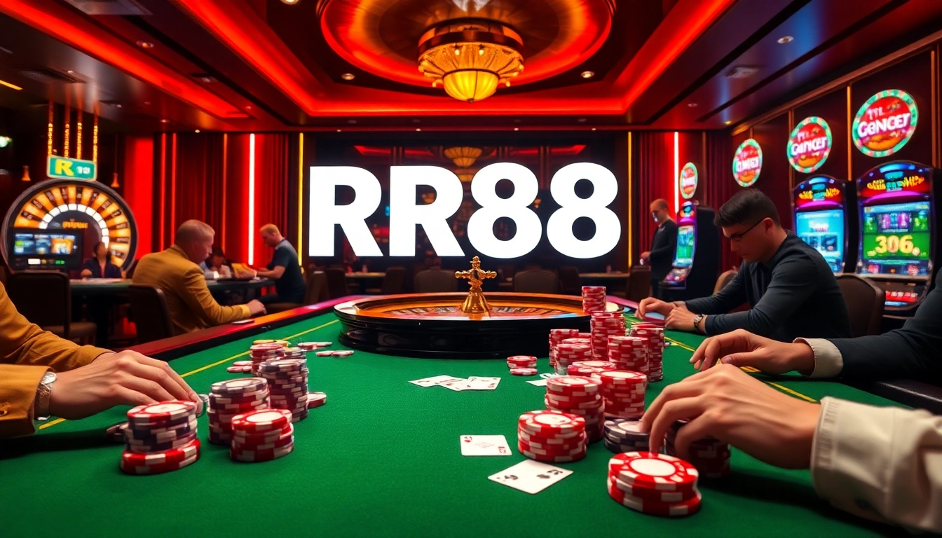 RR88 casino scene featuring gamblers at a luxurious table with vibrant cards and chips.