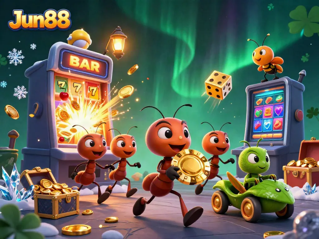 Experience thrilling fun with Jun88 as a team of cartoon ants steal a massive poker chip amidst a vibrant casino backdrop.
