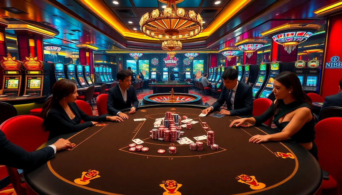 Exciting poker game at NK88 online casino with vibrant chips and roulette wheel.