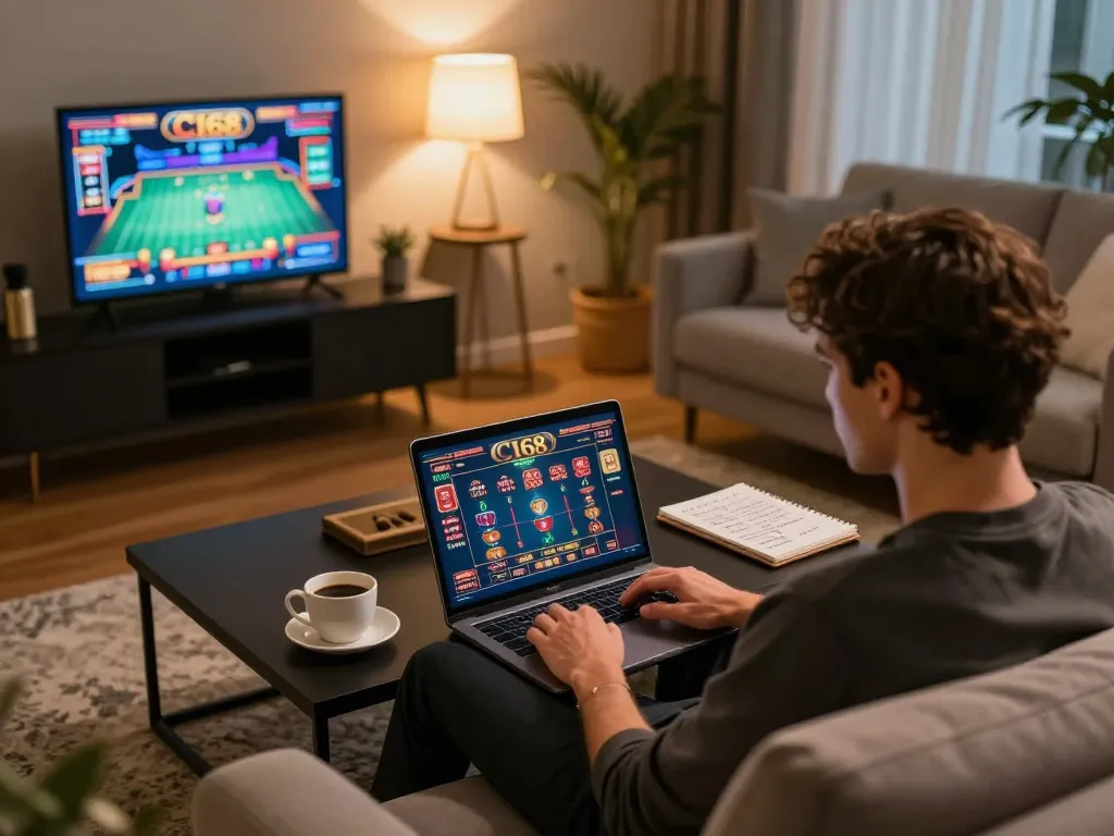 C168 player engaging with online casino games on laptop in cozy home setting.